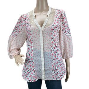 LC Lauren Conrad Women's Multicolor Floral 3/4 Sleeve V-Neck Blouse Top Size M